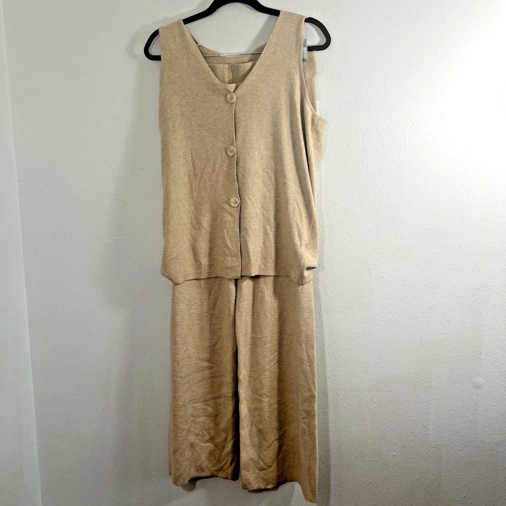 Pink Rose Sweater Vest Pants Womens‎ L Beige Preppy Retro Quiet Luxury Set